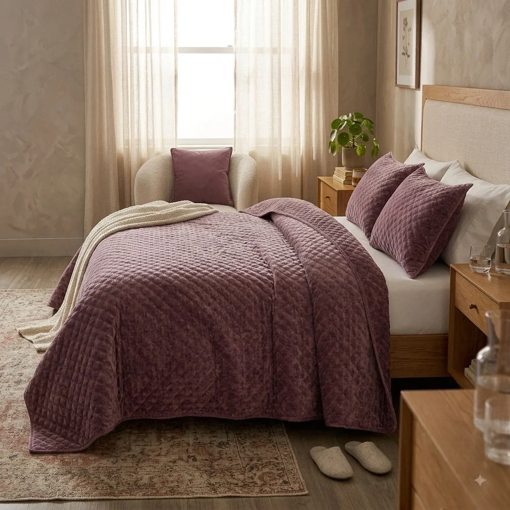 Zera Octa Purple 100% Velvet Quilt /Coverlet 3 Piece Set with Pillowcase Queen